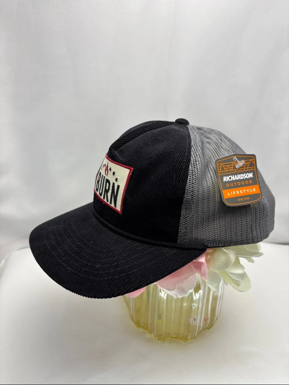 BURN Patch Trucker Hat - Black & Gray Corduroy and Mesh‎